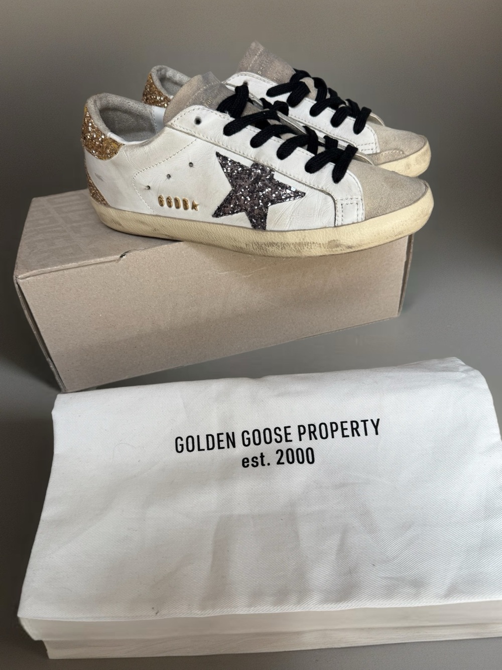Golden Goose Superstar Size 6 / Size 36 EU White Black Gold Gold Glitter Heel